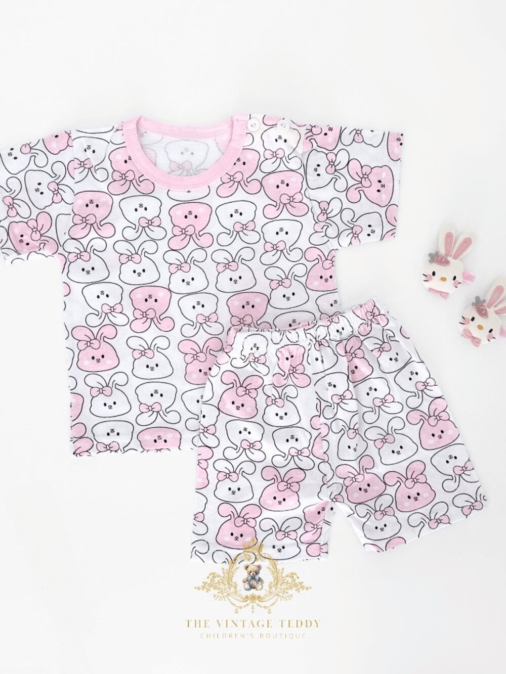 NWT Cute Girls Matching Set Kids T-shirt & Shorts 2-Piece 100% Cotton Bunny 6-9M